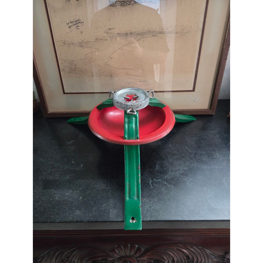 Vintage 1940s Metal Christmas Tree Stand Red & Green Adjustable Mid Century